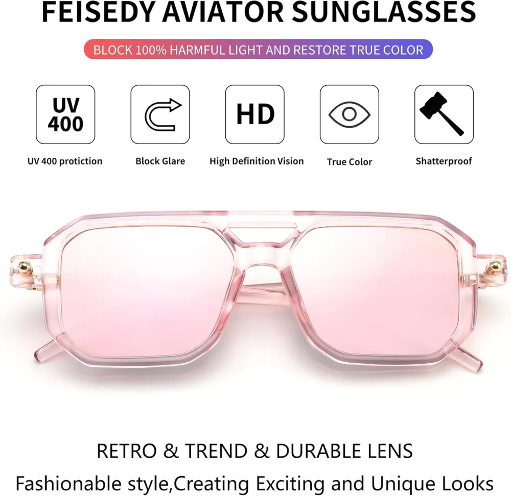 FEISEDY Vintage Square 70s Flat Aviator Sunglasses Women Men Classic Retro Stylish Frame UV400 Sunglasses B2622