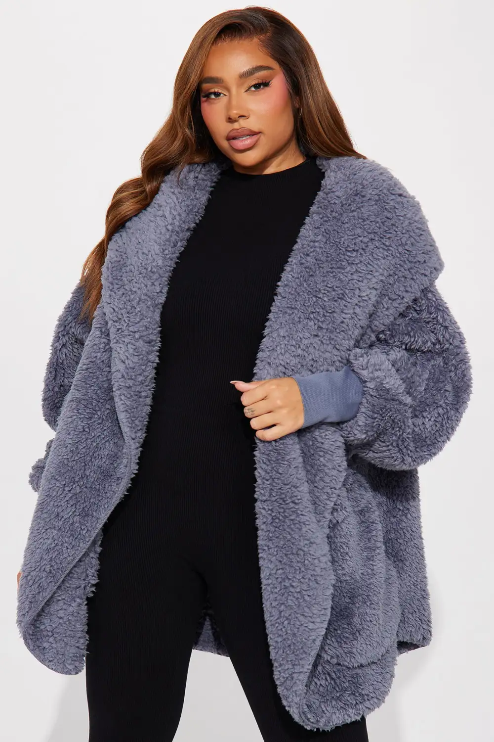 Cozied Up Together Faux Sherpa Jacket - Slate Blue