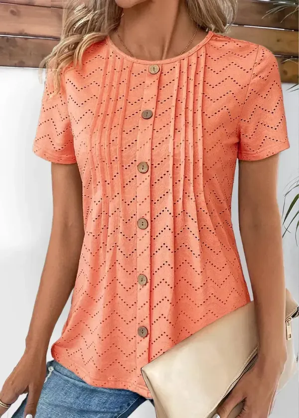 Orange Tuck Stitch Short Sleeve Round Neck T Shirt