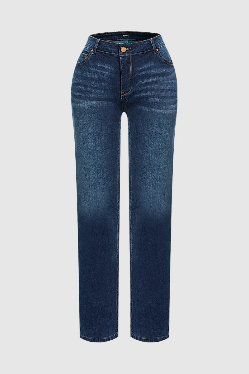Mid Waist Rhinestone Decor Straight Leg Jeans Without Belt