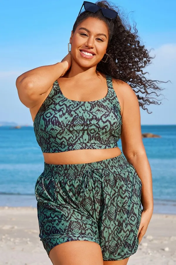 Green Ikat Print Wide Strap Women Bikini Top