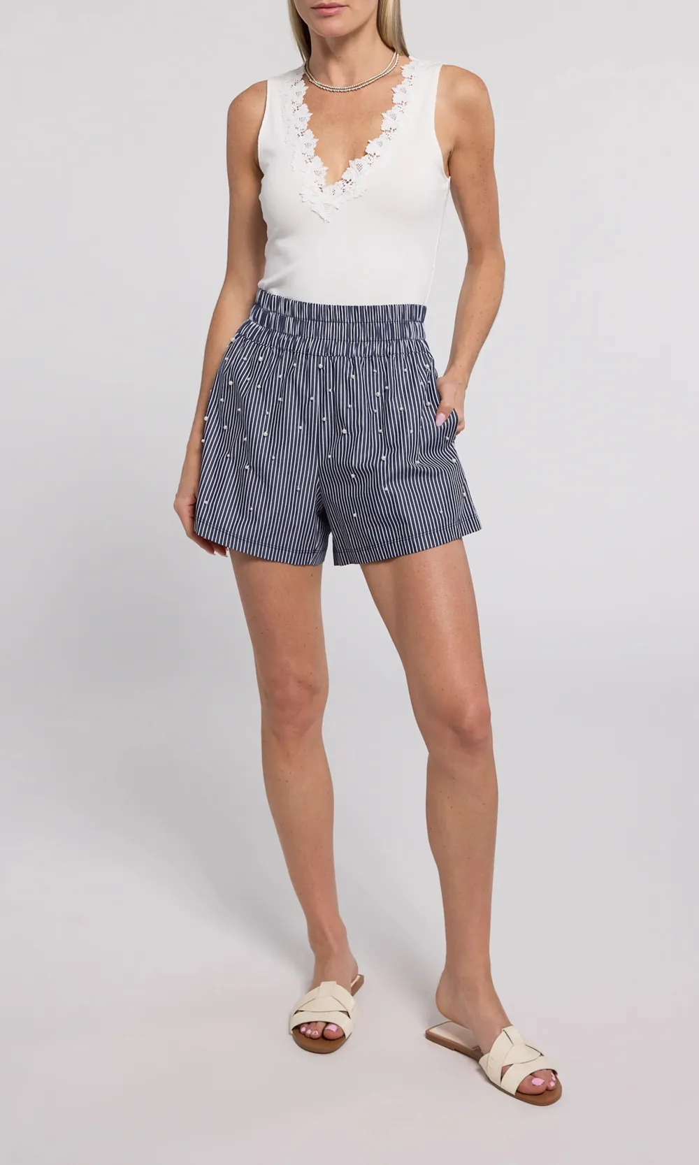 Betty Pearl Embellished Pinstripe Shorts