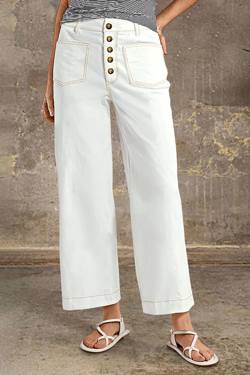 Contrast Stitch Button Fly Straight Leg High Rise Crop Pants