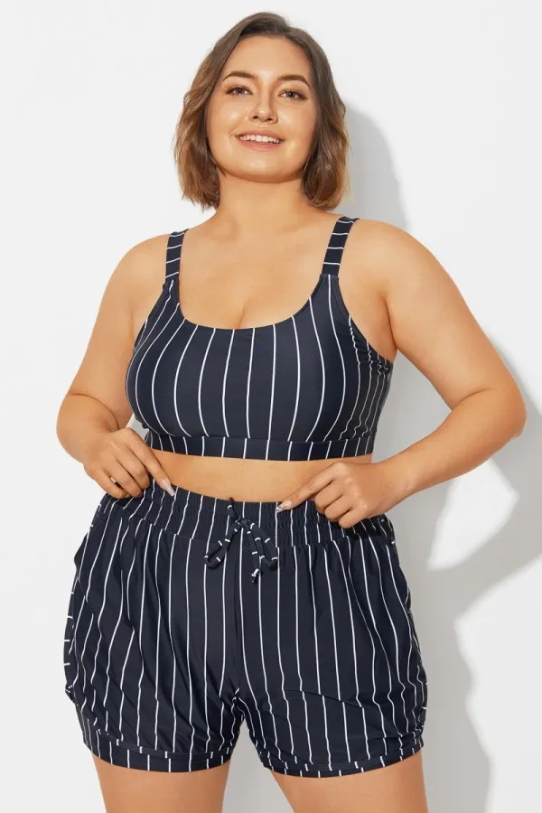 Plus Size Green Check Pinstripe Bikini Top