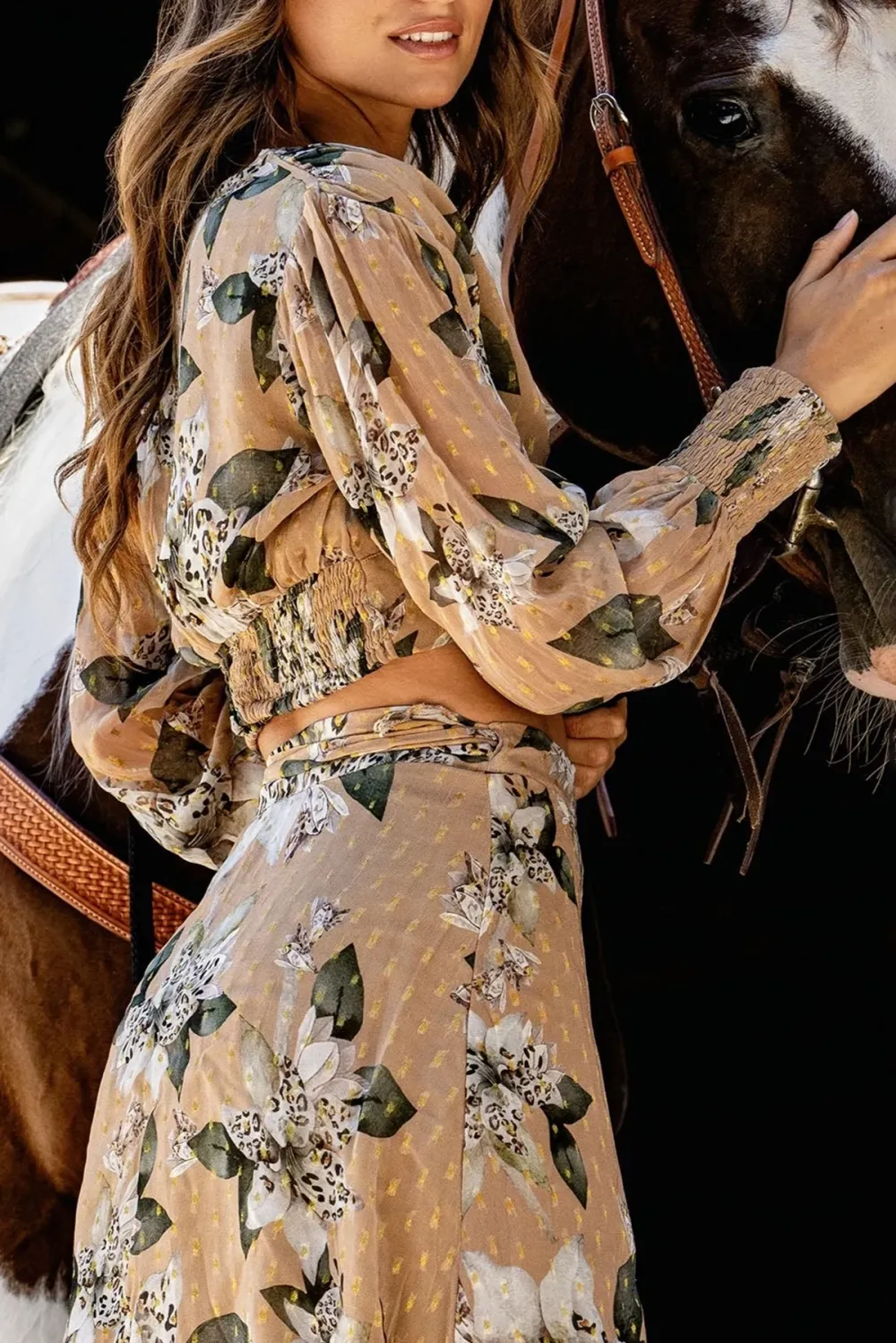Light Brown Floral Print Sheer Crop Top