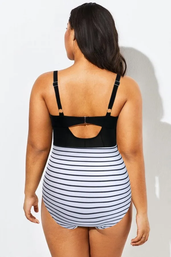 Striped Cut Out Mesh Underwire One Piece Swimsuit