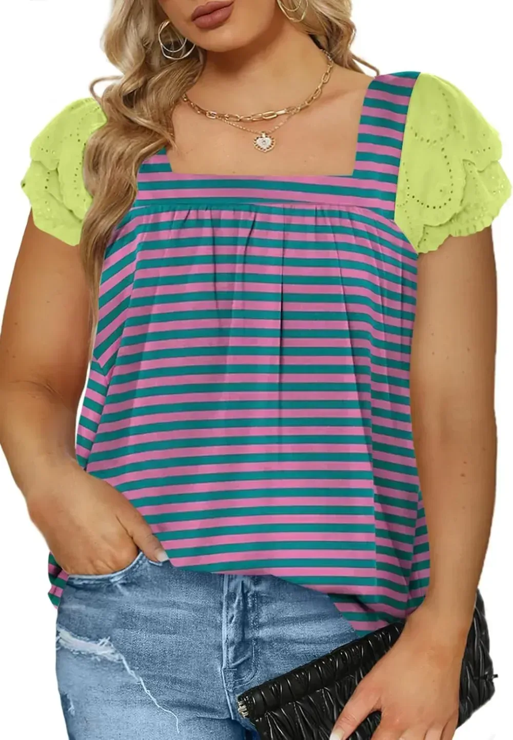 Eytino Womens Plus Size Tops Ruffle Short Sleeve Square Neck Summer Loose Casual Tee Shirts(1X-5X)