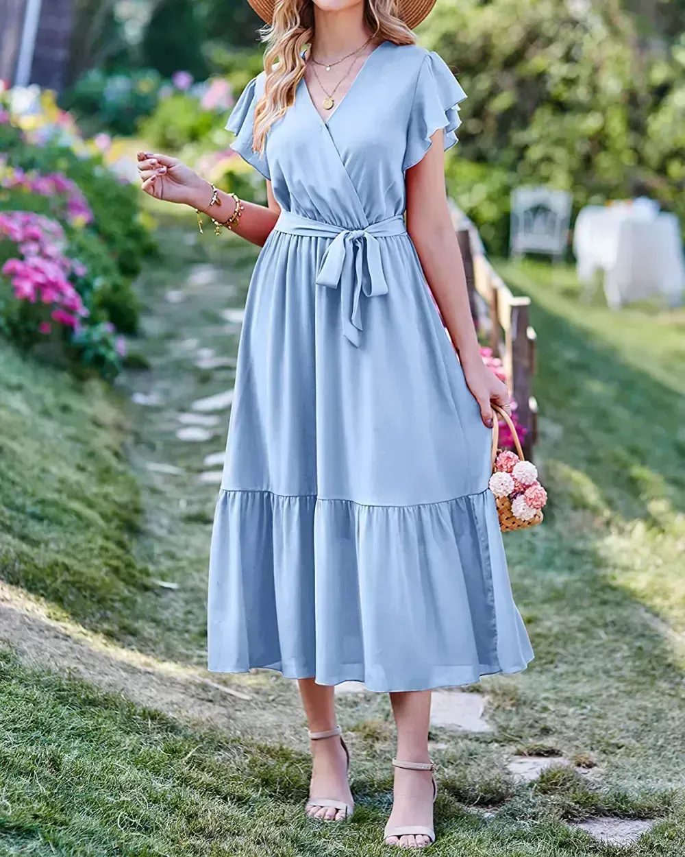 Women Summer Bohemian Floral Casual Wrap V Neck Ruffle Cap Sleeveless Belt A-Line Pleated Hem Swing Midi Sun Dress