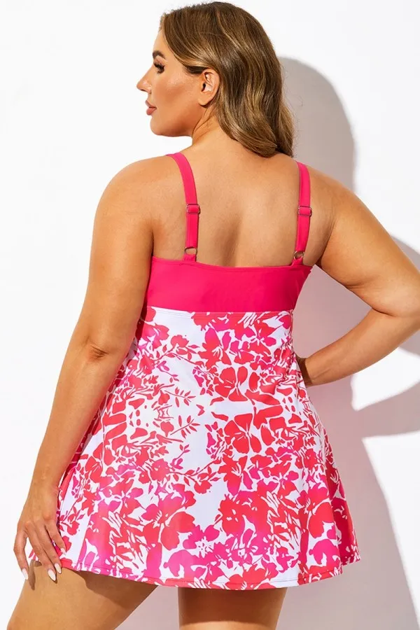 Plus Size Pink Floral Print V-Neck Swimdress