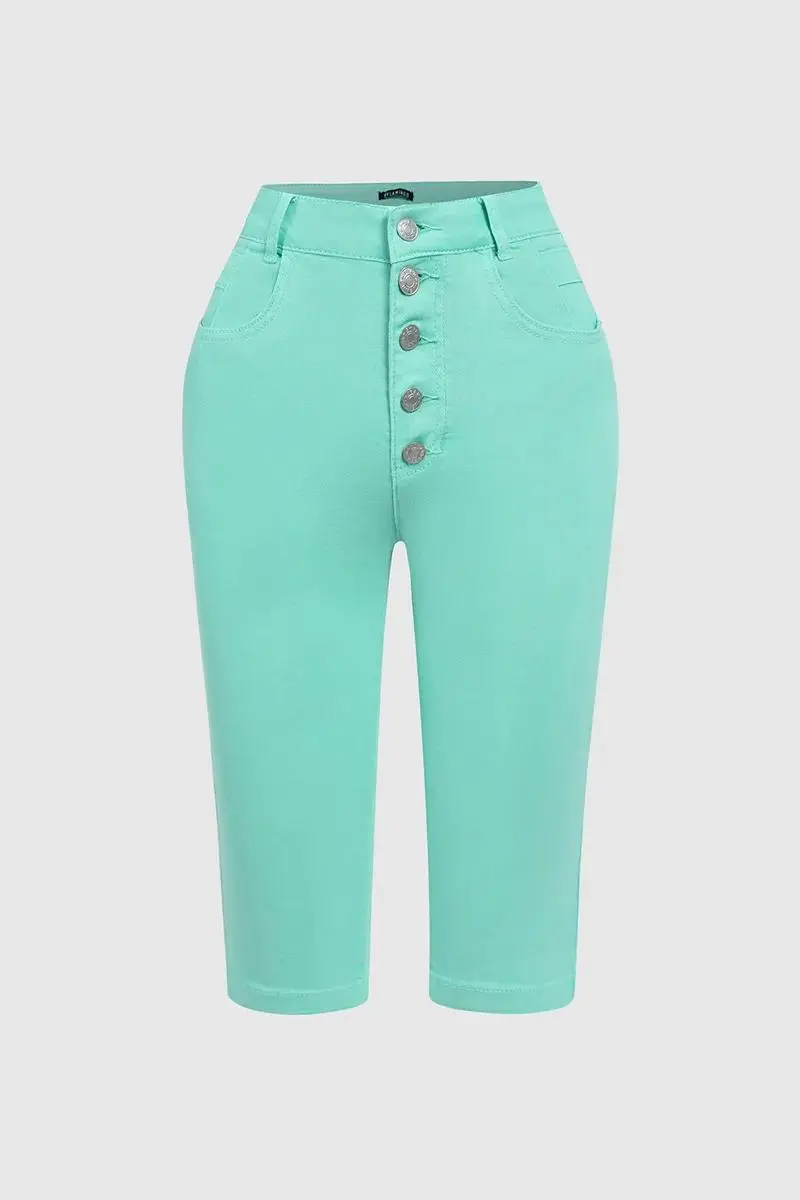 Solid Stretchy Button Fly High Waist Capri Jeans