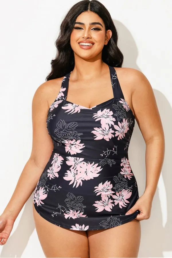 Floral Print H-Back Sarong Front One Piece Swimsuit
