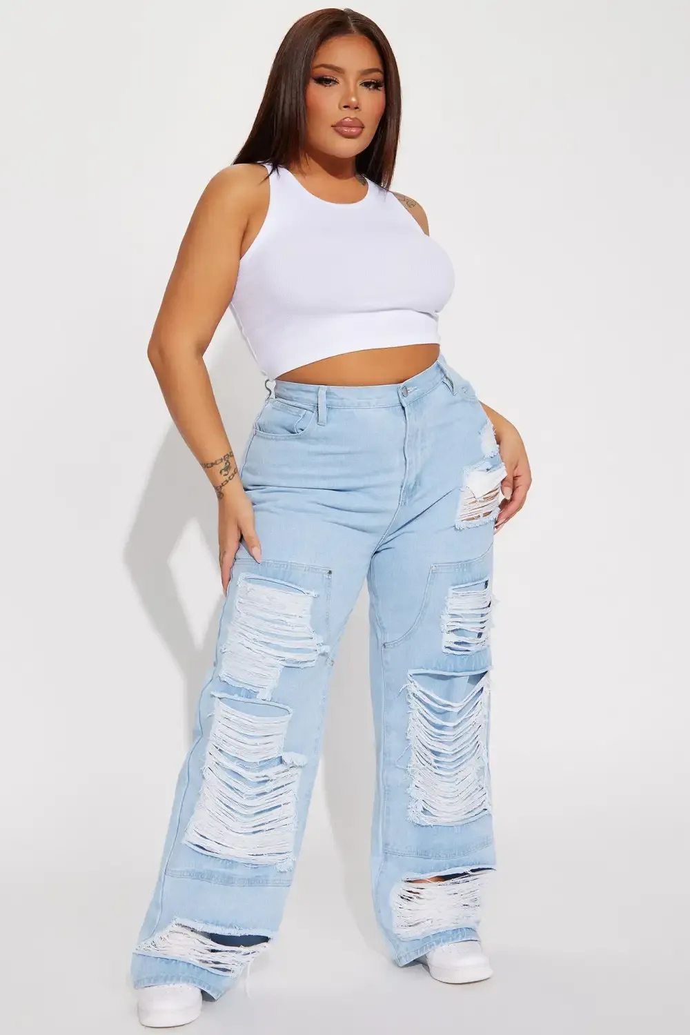 Way With Words Ripped Non Stretch Baggy Jeans - Light Wash