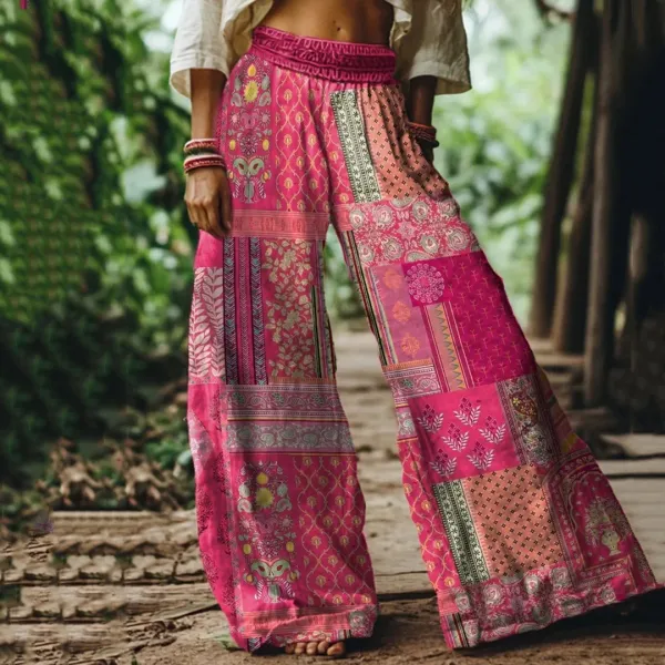 Vintage Bohemia Floral Pattern Women's Linen Blend Casual Pants