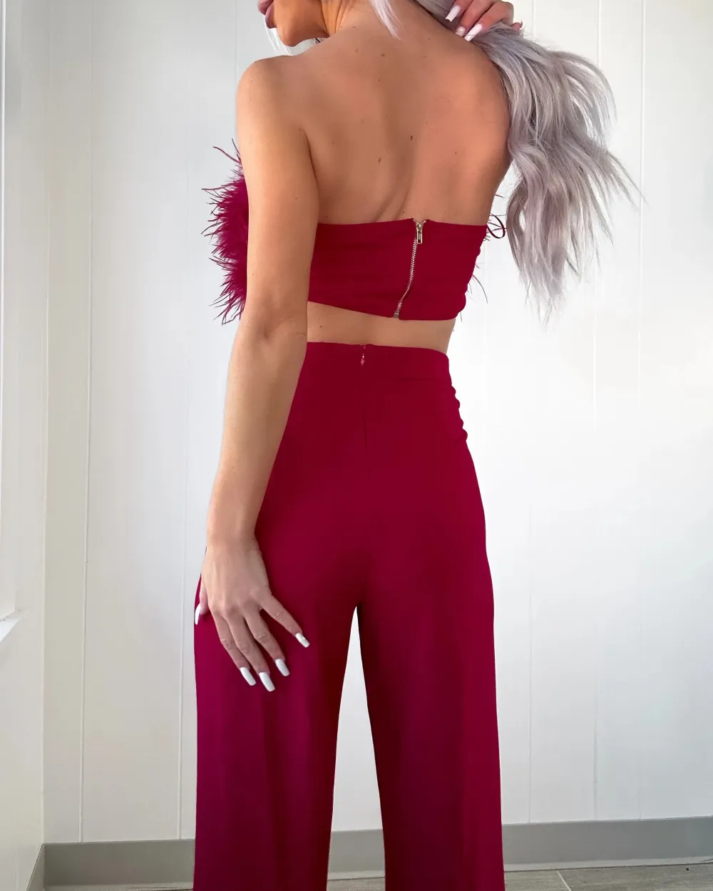 Fur Pants Set - Burgundy