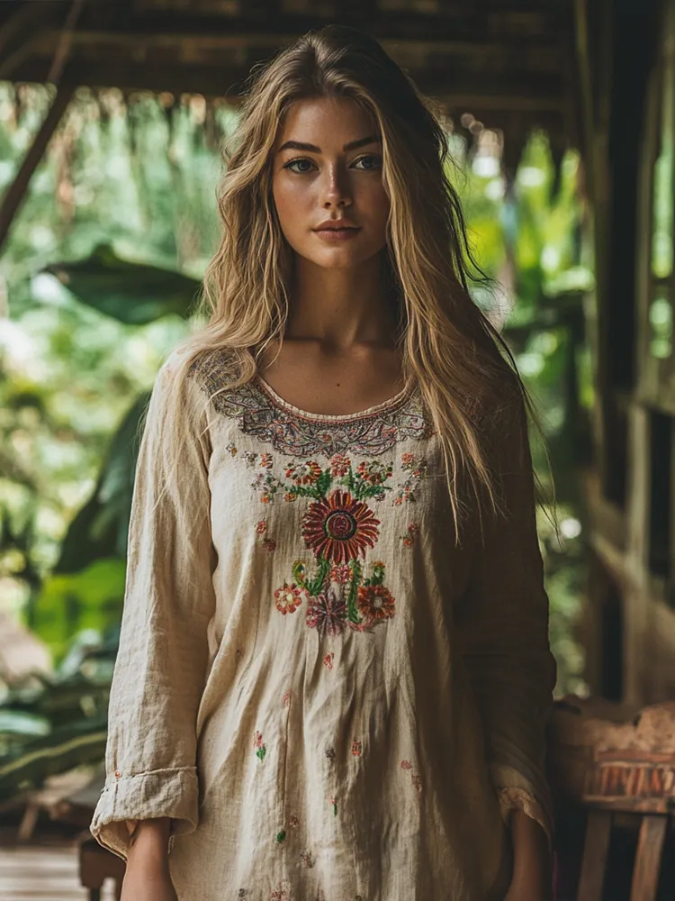 Vintage Tribal Floral Embroidery Art Linen Casual Shirt