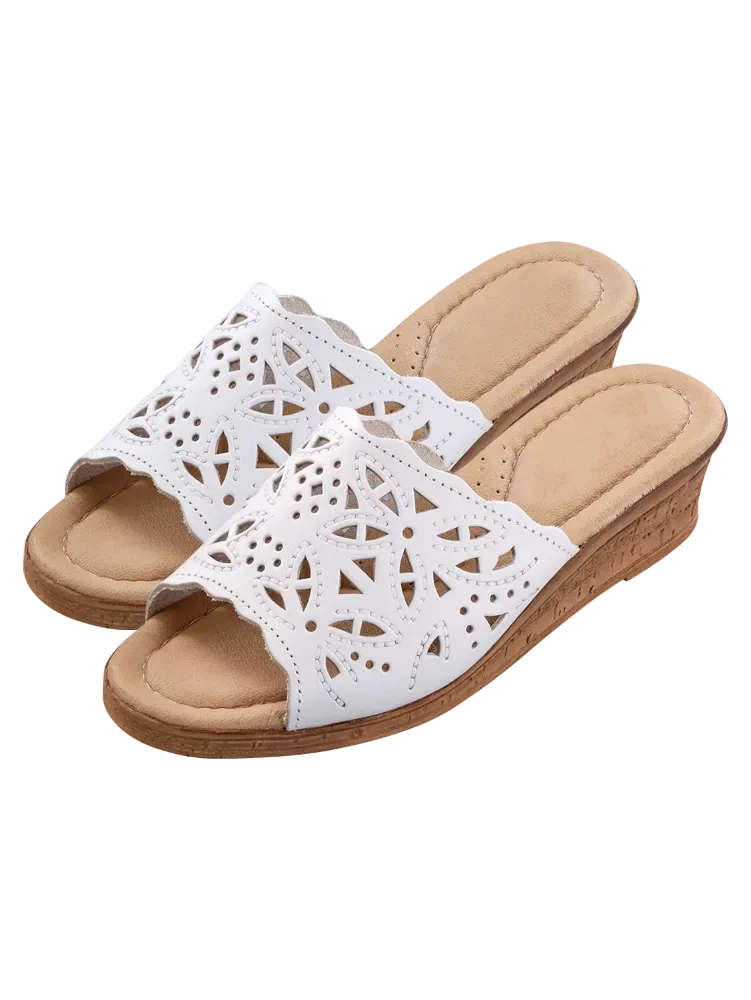 Women's Leather Cutwork Wedge Slide Sandals