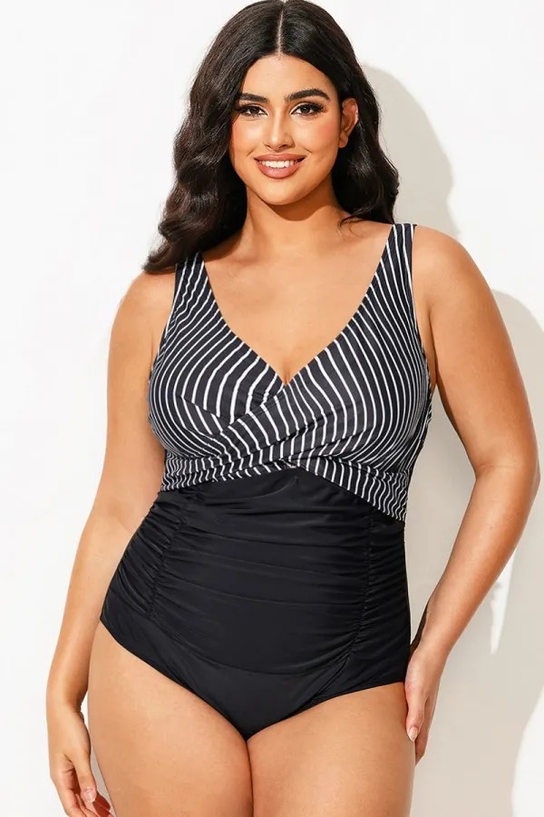 Black & White Striped Shirred One Piece Swimsuit