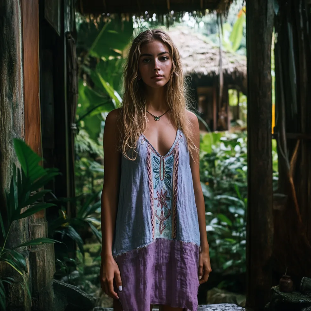 Retro Boho Tribal Art Embroidery Print Cotton And Linen V-neck Sleeveless Midi Dress