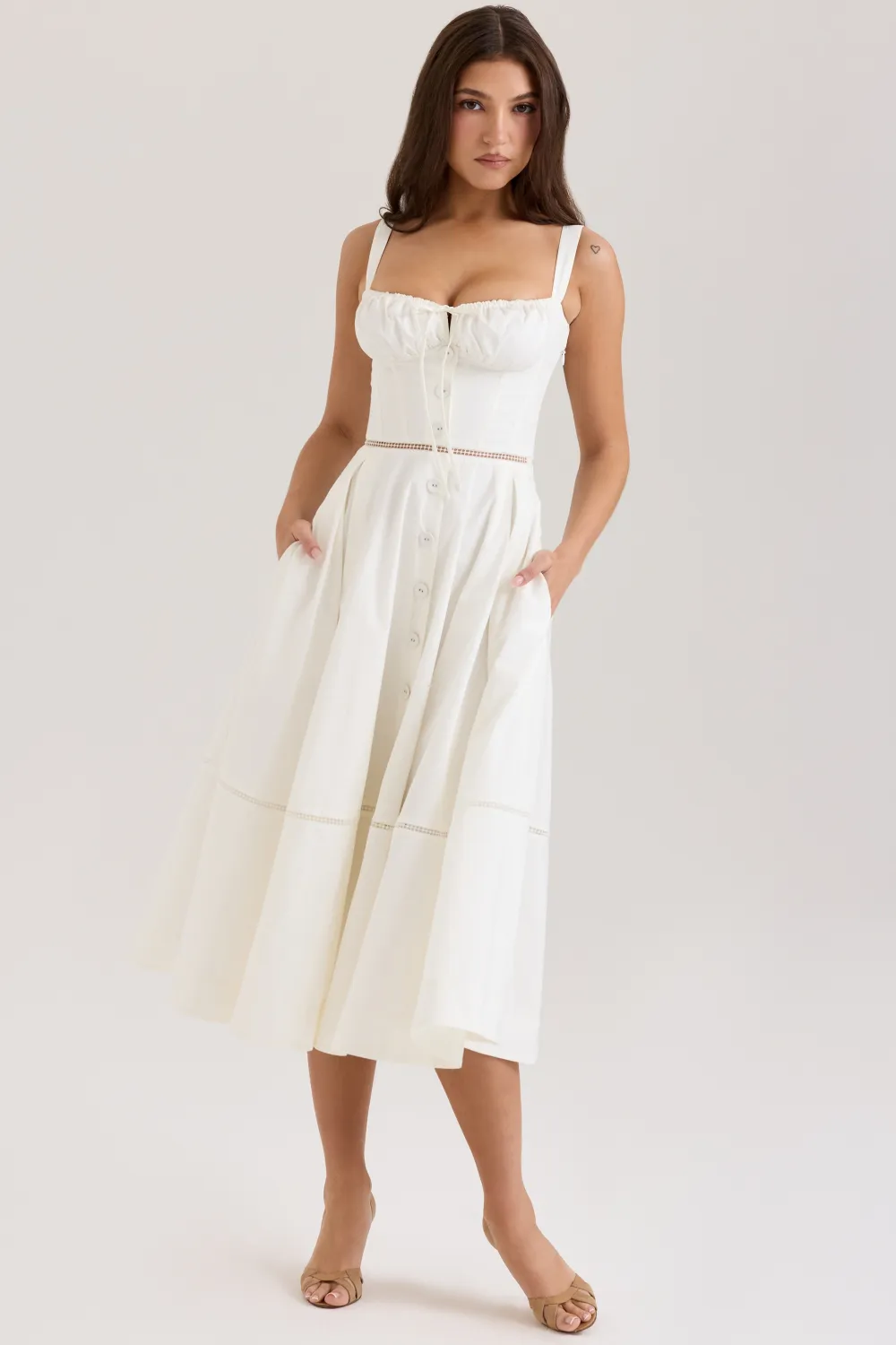 White Cotton Button Front Midi Dress