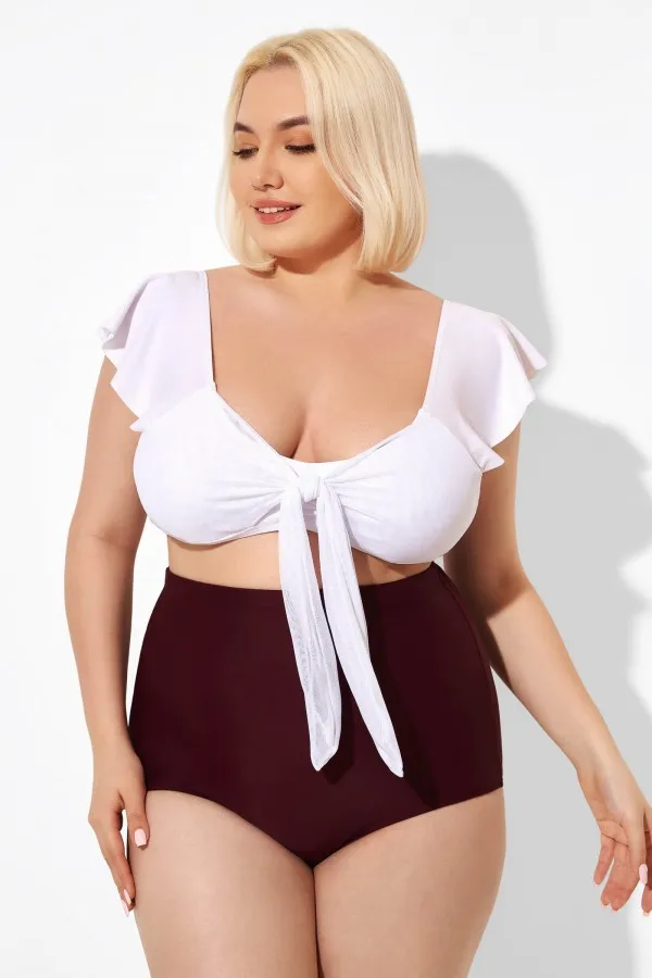 White Cap Sleeve Tie-front Bikini Top