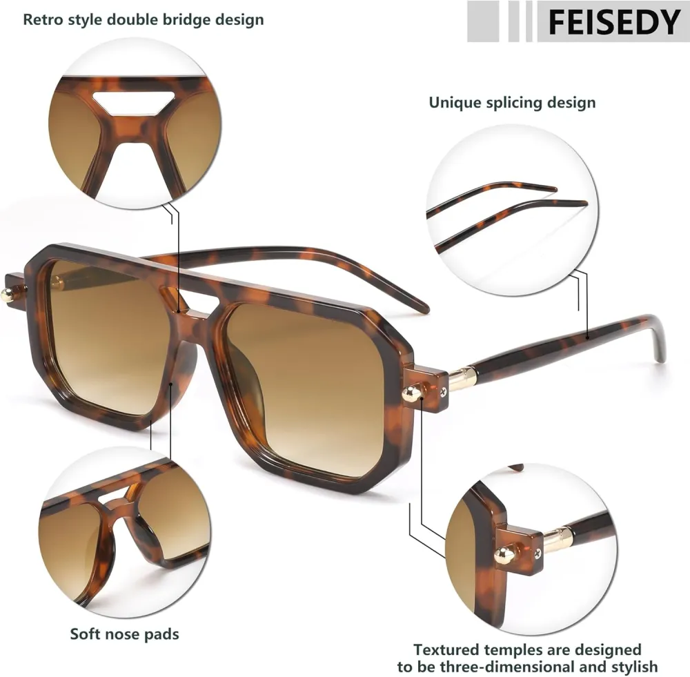 FEISEDY Vintage Square 70s Flat Aviator Sunglasses Women Men Classic Retro Stylish Frame UV400 Sunglasses B2622
