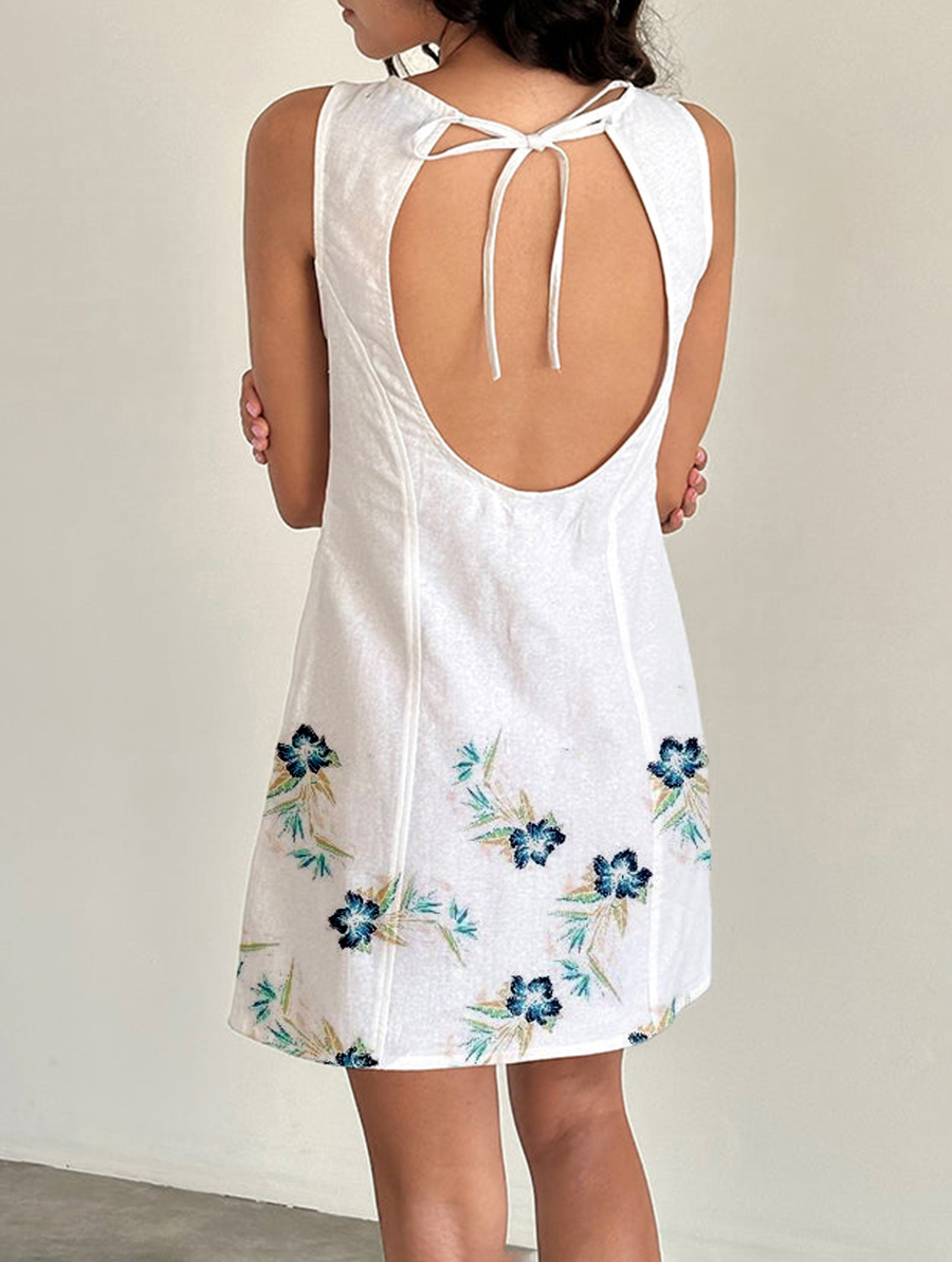 Open Back Mini Dress In Off White Linen