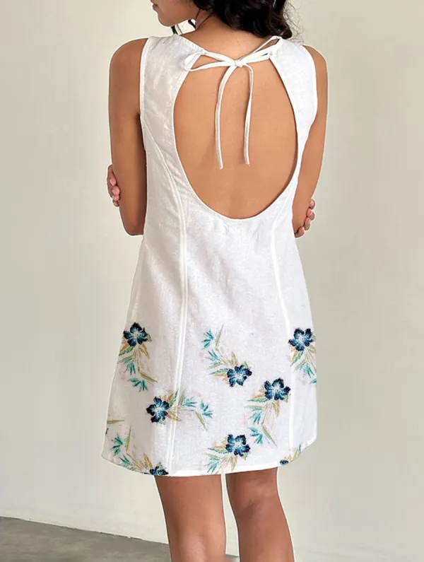 Open Back Mini Dress In Off White Linen