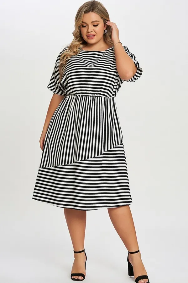 Striped Elasticized Waistband Slit Pocket Shirtdress