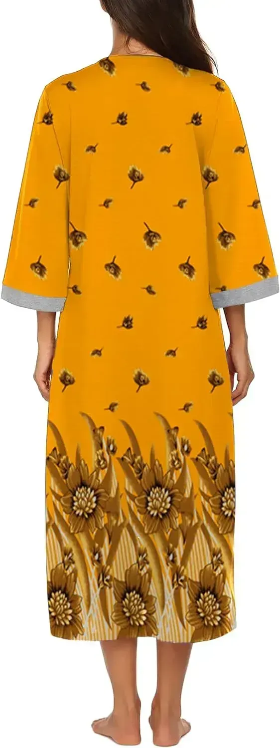 Women Zipper Robe 3/4 Sleeves Loungewear Dress Full Length Sleepwear Pockets Housecoat Nightgown Long Bathrobe