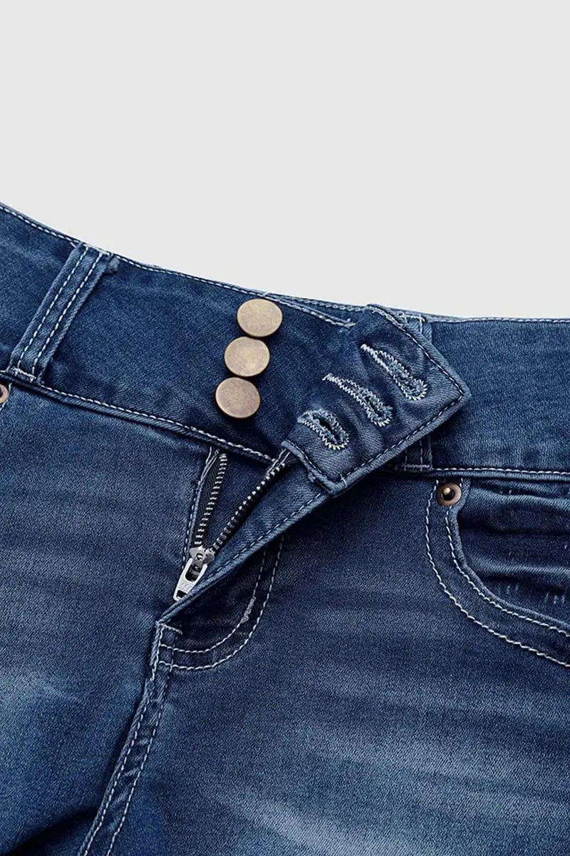 Ripped Raw Hem Button Up Mid Rise Denim Shorts