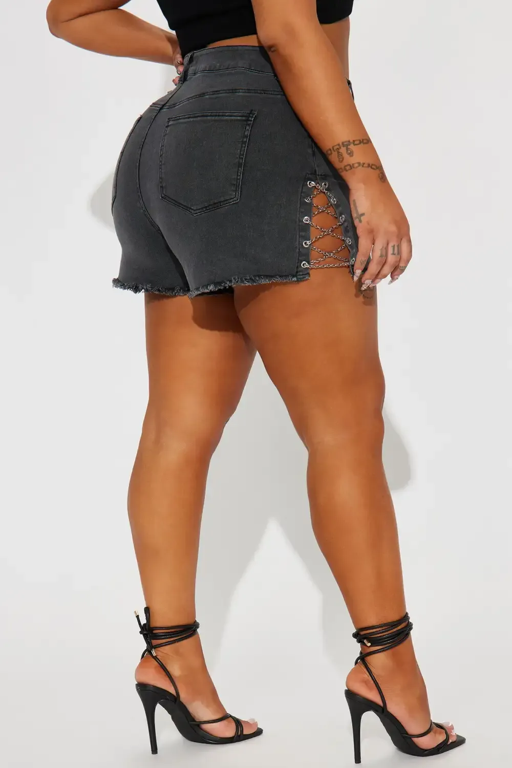 Yanking My Chain Lace Up Stretch Denim Shorts - Black Wash