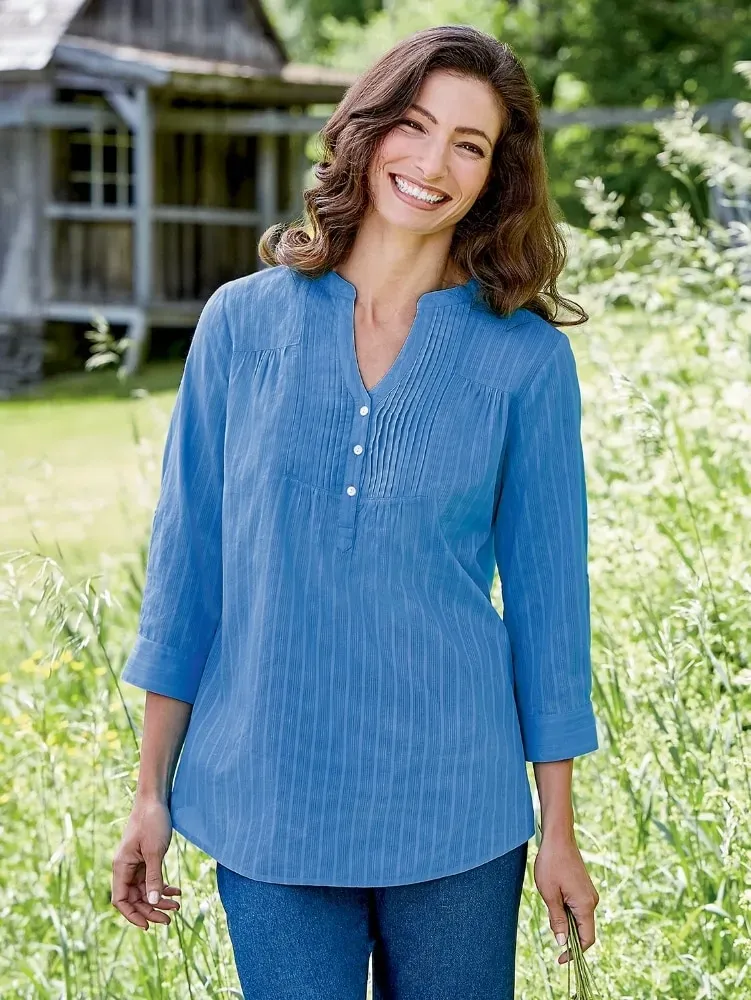 Perfect Pintuck Cotton Tunic With 3/4 Sleeves