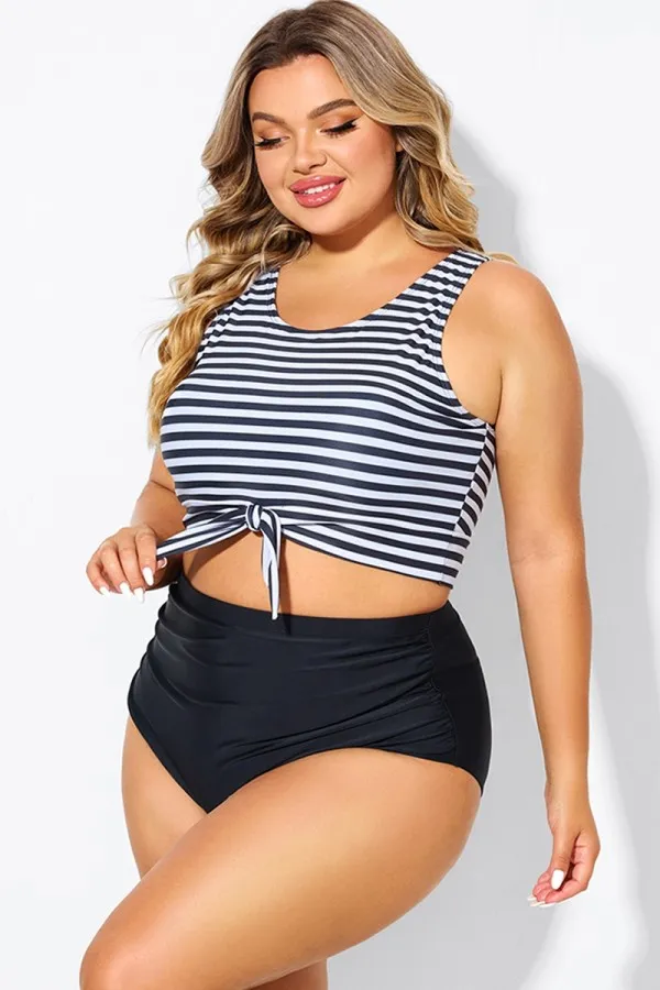 Black & White Striped Knotted Crop Bikini Top