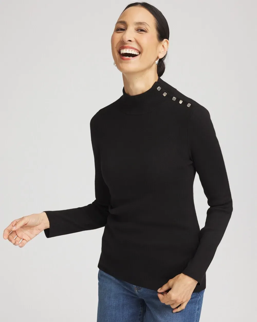 EcoveroTM Button Mock Neck Sweater