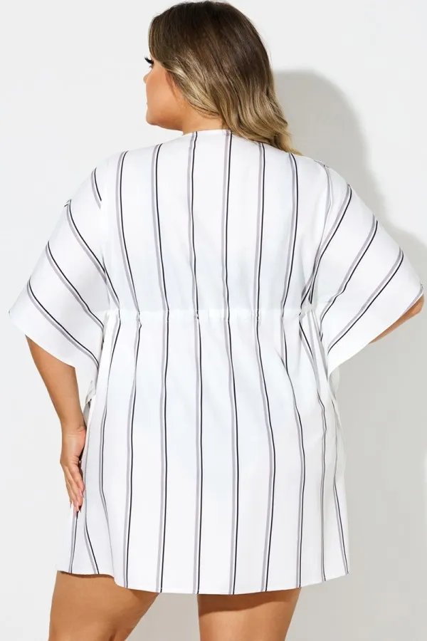 V-Neck Loose Retro Striped Drawstring Cover Up