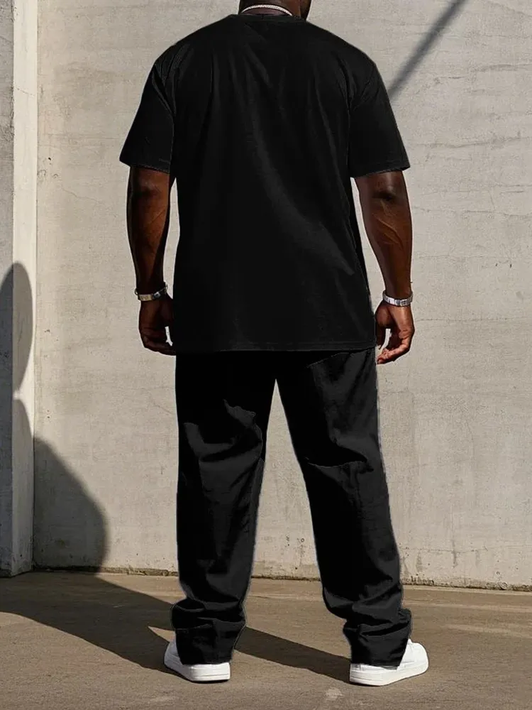 Big Men’S Black & Khaki Colorblock King Printed Short Sleeve T-Shirt Trousers Set