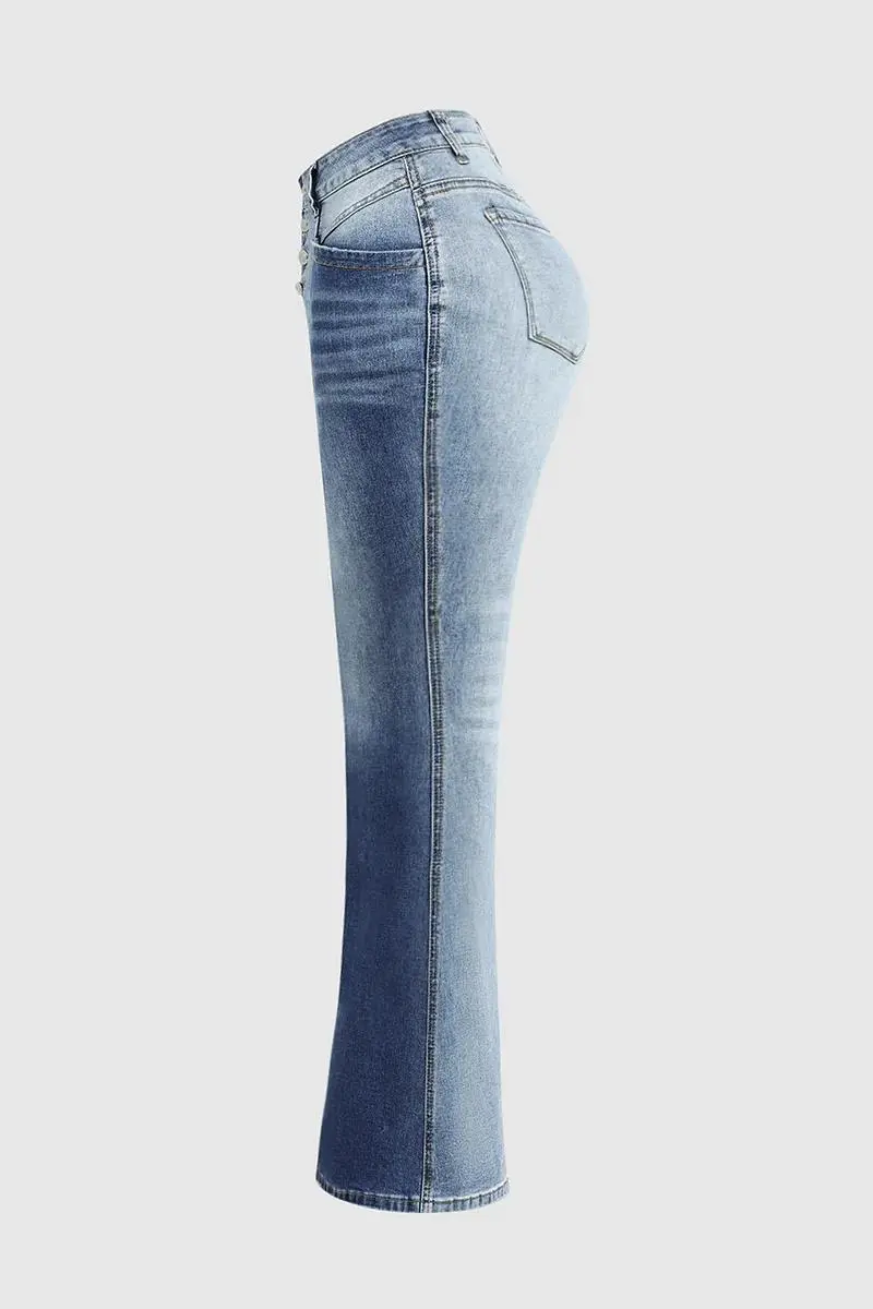 Cut & Sew Button Fly Mid Waist Flare Jeans