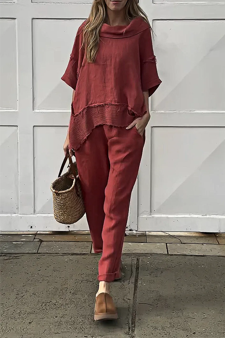 Women'S Casual Cotton And Linen Top And Pants Two-Piece Set