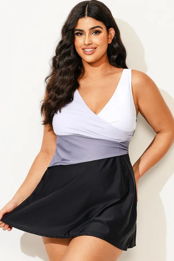 Plus Size Black & White V-Neck Colorblock Fit Swimdress