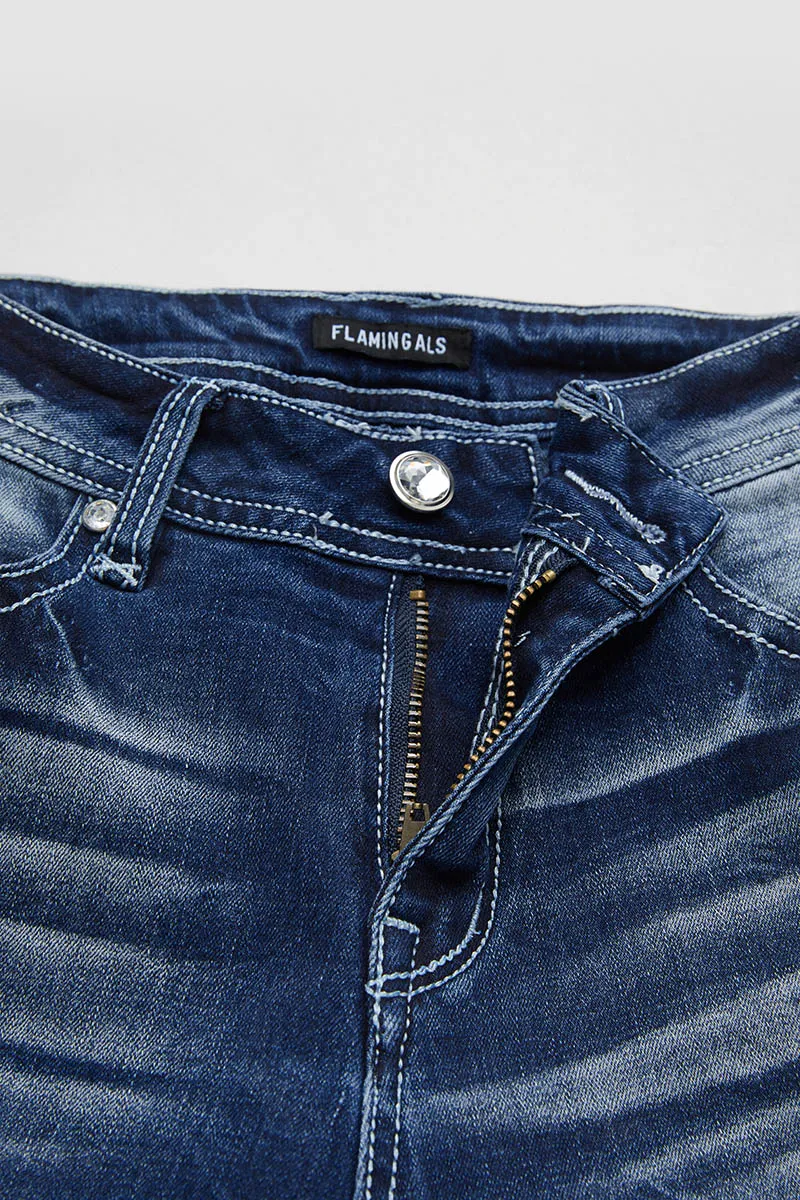 Washed Stretchy Stitch Detail Mid Rise Denim Bermuda Shorts