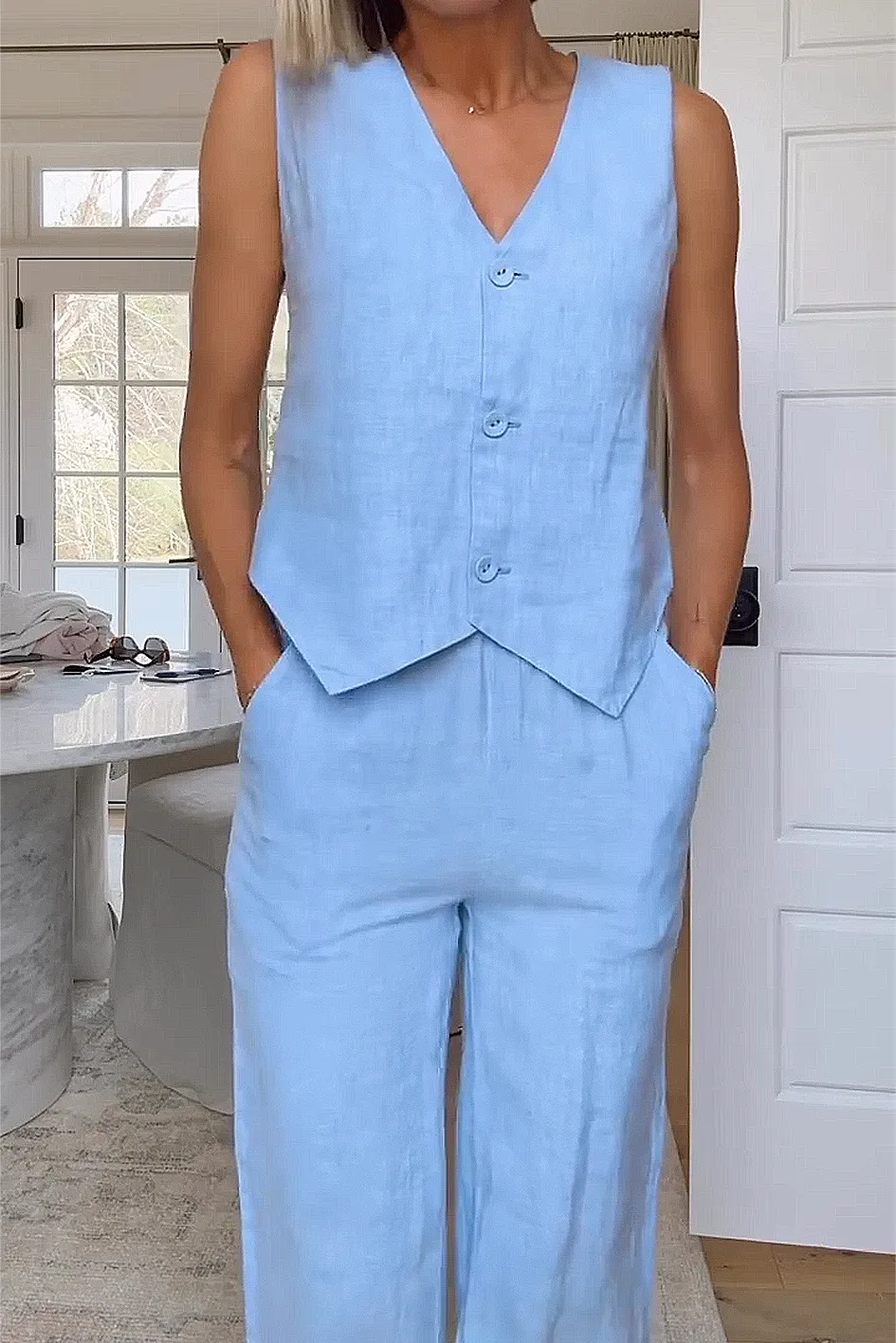 Women'S Casual Cotton And Linen Top And Pants Two-Piece Set