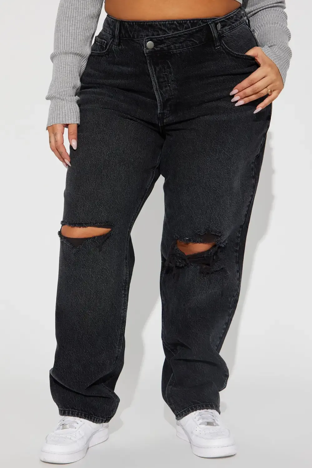 Crossover Ripped Knee Straight Leg Jeans - Black Wash