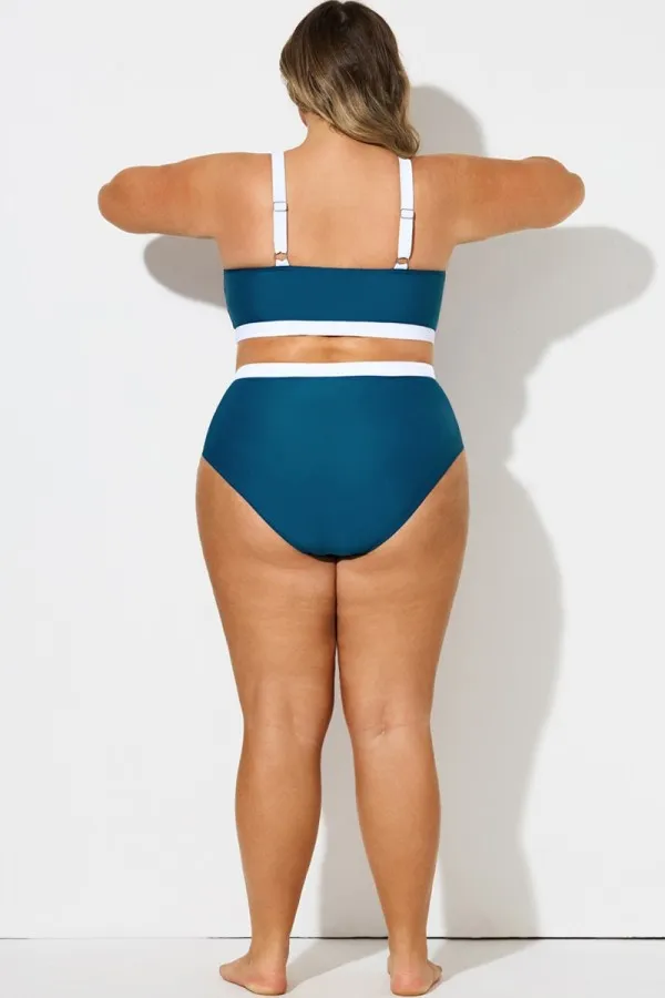 Blue & White Colorblock High Waist Bikini Bottom