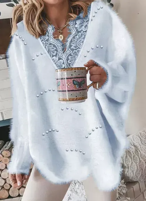 V-neckline Solid Color Casual Lace H-line Sweaters