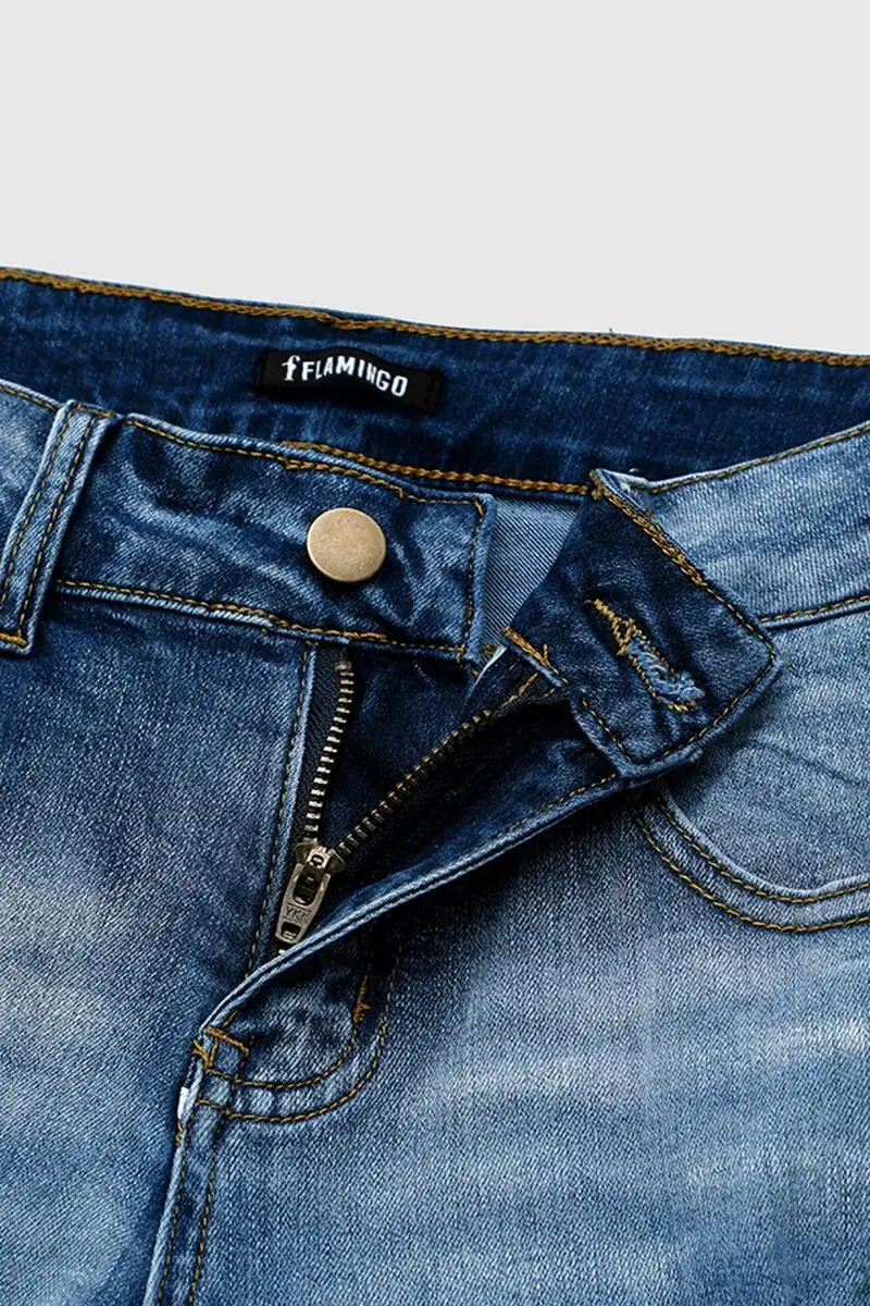 Washed Ripped Roll Hem Low Rise Skinny Jeans