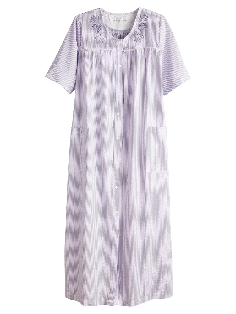Women's Snap-Front Embroidered Cotton Seersucker Robe