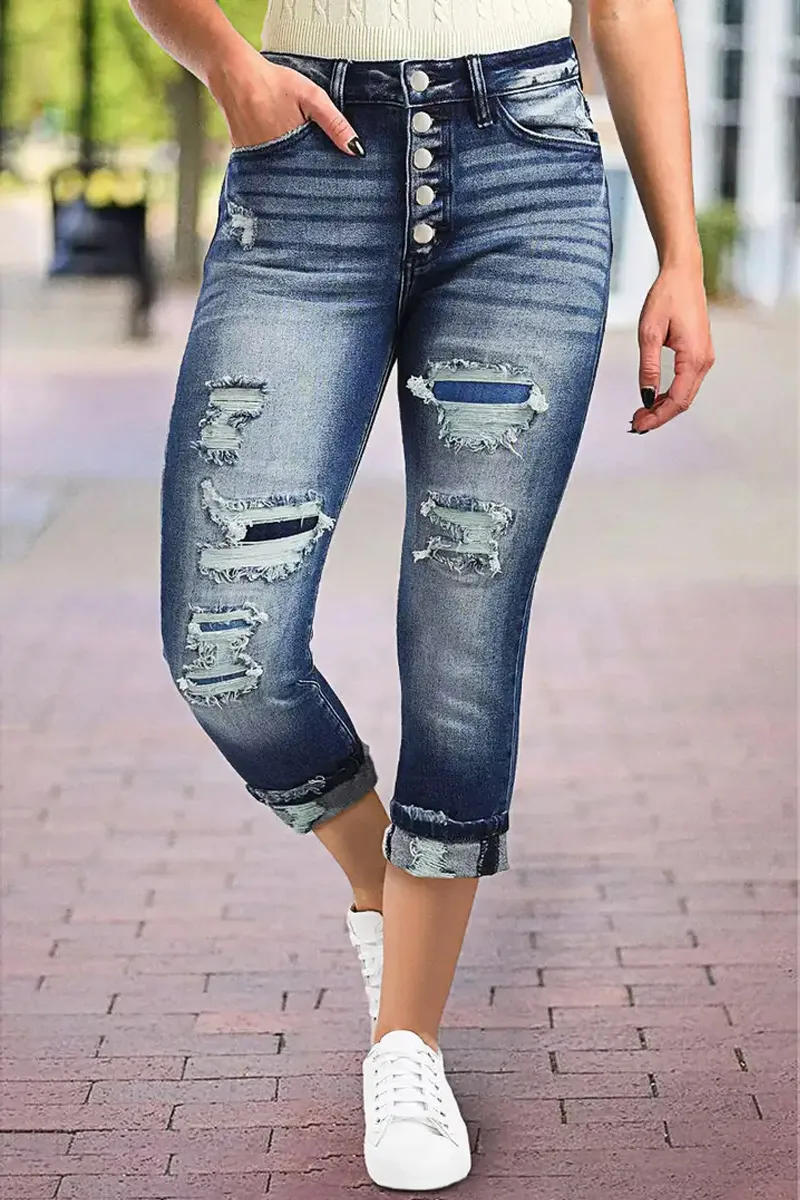 Cut Out Button Fly Roll Hem High Waist Capri Jeans