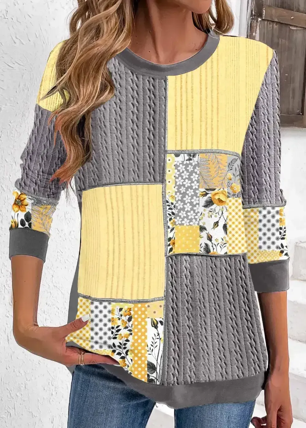 Grey Patchwork Geometric Print Long Sleeve Round Neck Sweatshirt