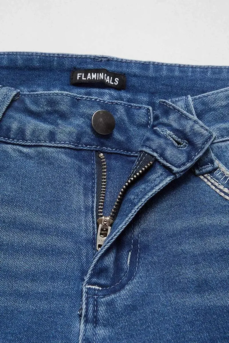 Wash Metal Decor Stitch Detail Mid Rise Bootcut Jeans Without Belt