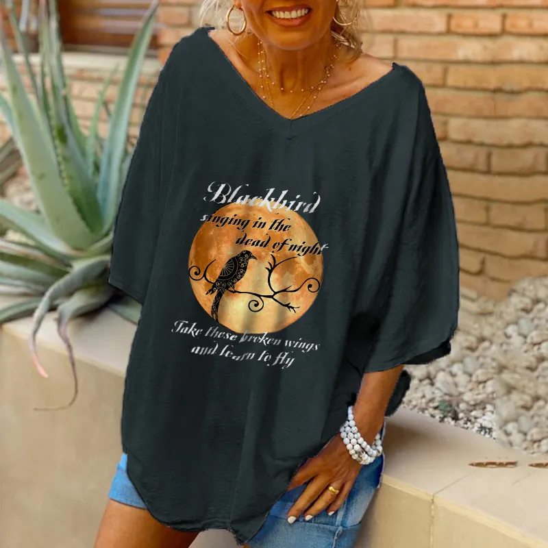 Blackbird Singing In The Night Printed Women T-shirt Oversized